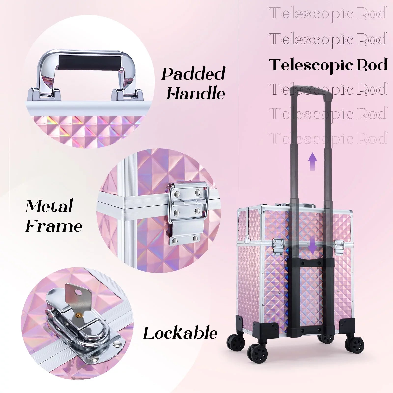 Joligrace Professional Rolling Makeup Case Cosmetic Trolley with Drawers, Pink
