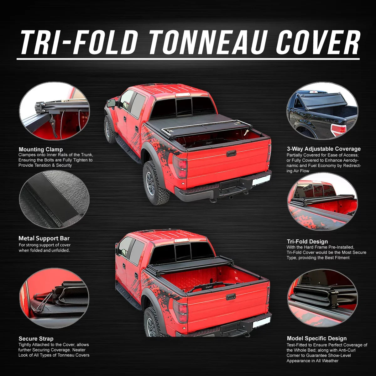 Motoring --045 For 2005 to 2021 Nissan Frontier 5' Bed Fleetside Adjustable Tri -Fold Soft Top Trunk Tonneau Cover