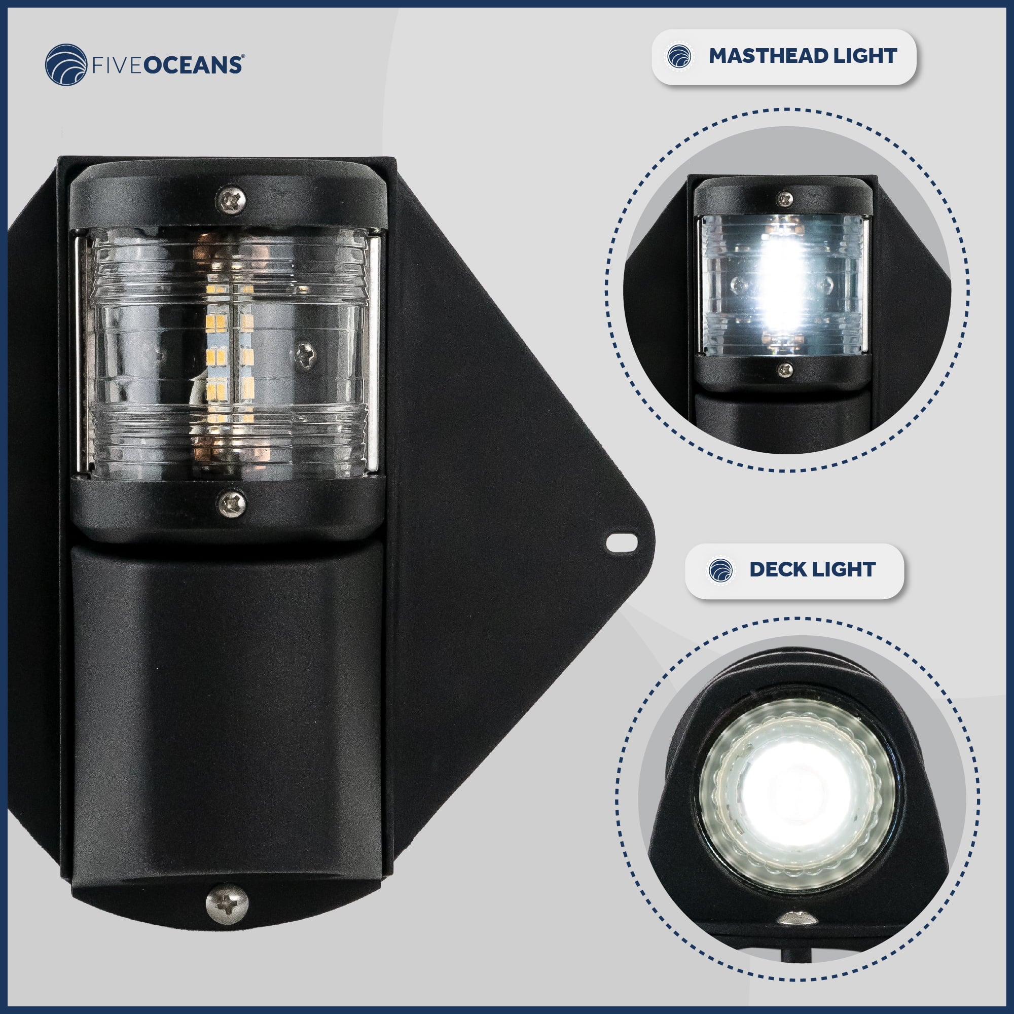 Five Oceans Combination Masthead and Deck Light,  Masthead Deck Spreader Light, 12V, Vertical Mount for Sailvessel -