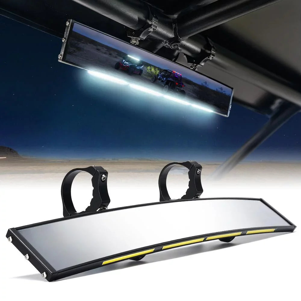 Xprite 17.5" Curved  Rear View Mirror / Integrated  Lights Fits 1.75"-2" Rollbars