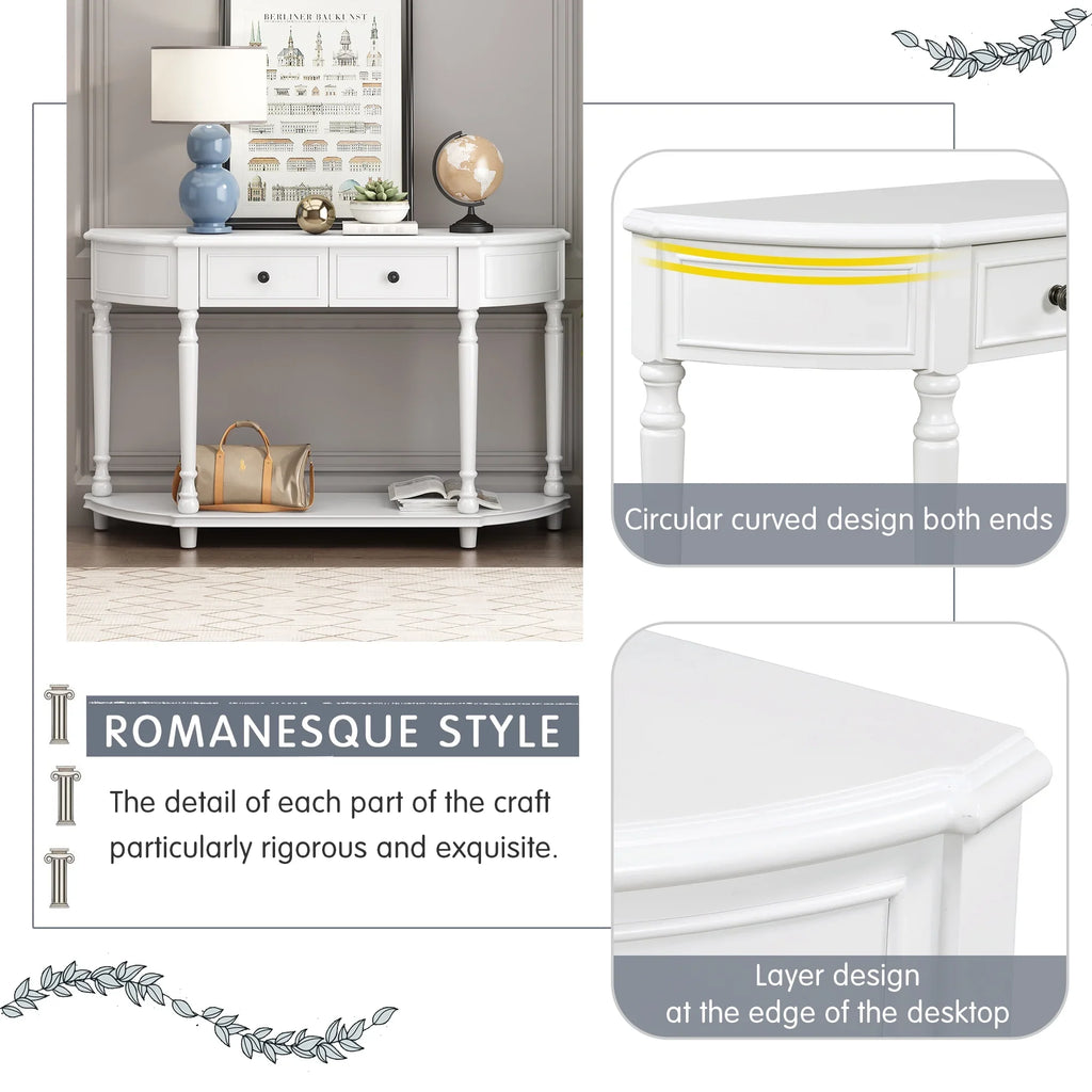 Retro Circular Curved Design Console Table with Open Style Shelf Solid Wooden Frame and Legs Two Top Drawers (White,  : )