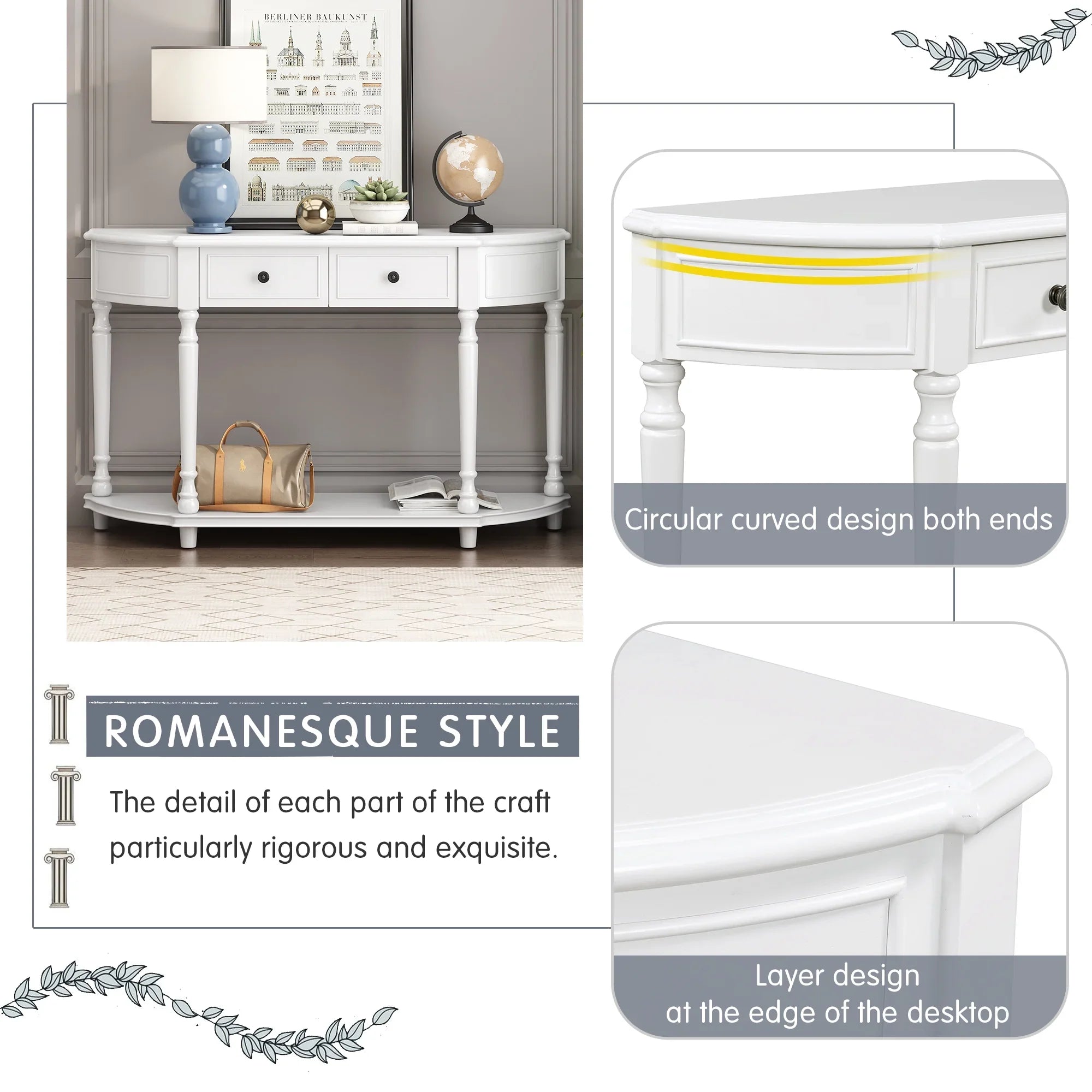 Retro Circular Curved Design Console Table with Open Style Shelf Solid Wooden Frame and Legs Two Top Drawers (White,  : )