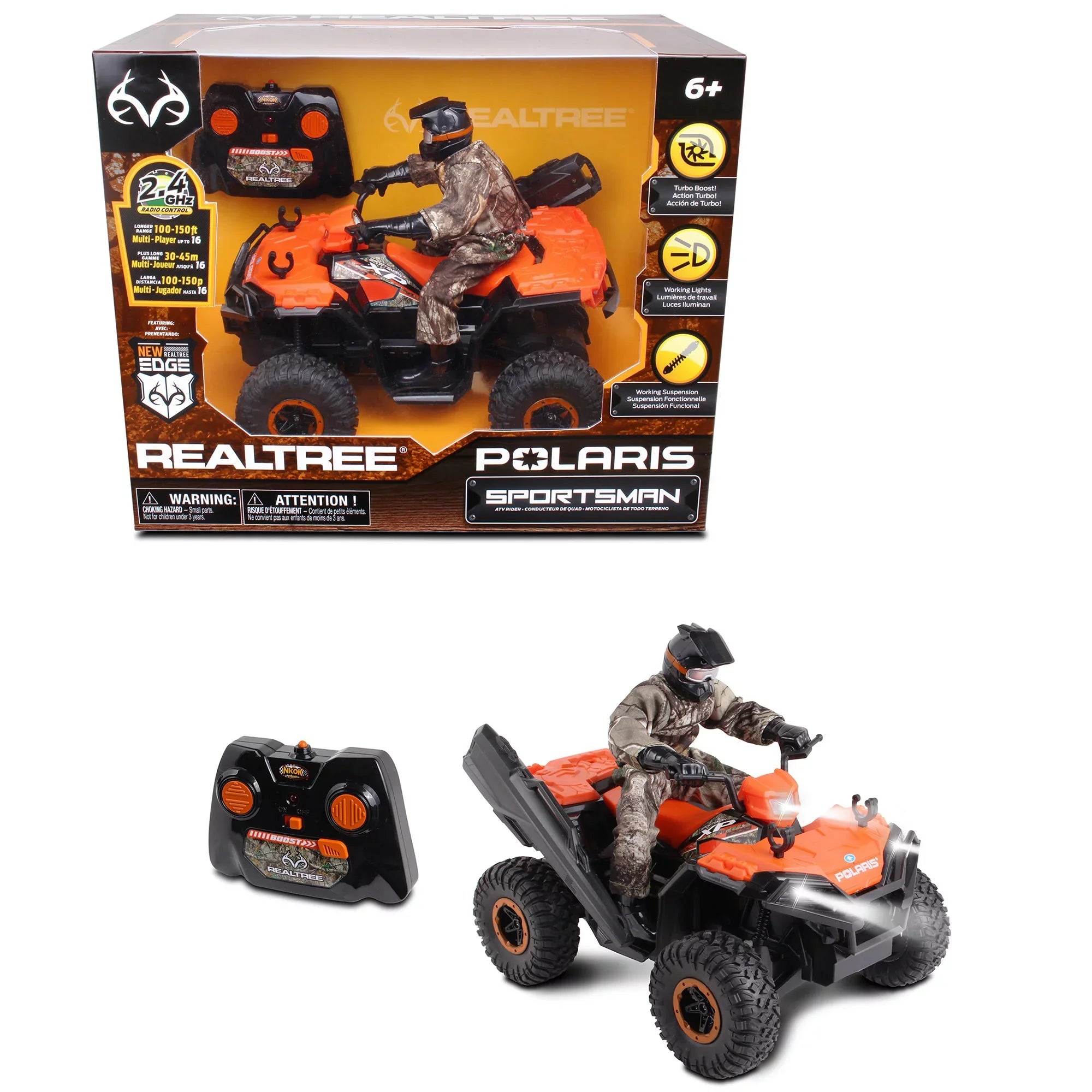 RealTree 1:8 Scale Radio Control Polaris Sportsman  - #81433, With Turbo Boost & Rider, 2.4 GHz , RealTree Edge Camouflage, Officially Licensed, Ages 6+