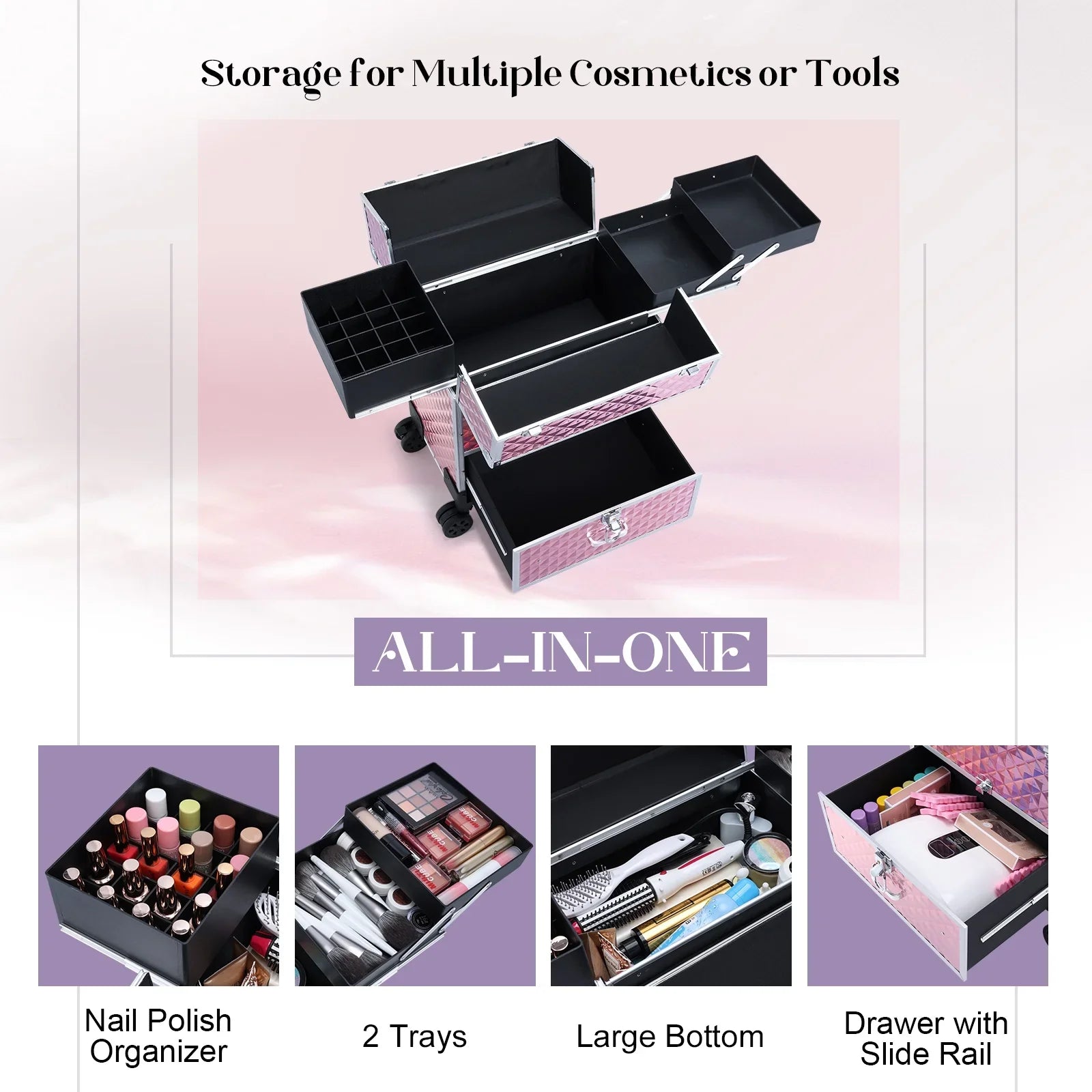 Joligrace Professional Rolling Makeup Case Cosmetic Trolley with Drawers, Pink