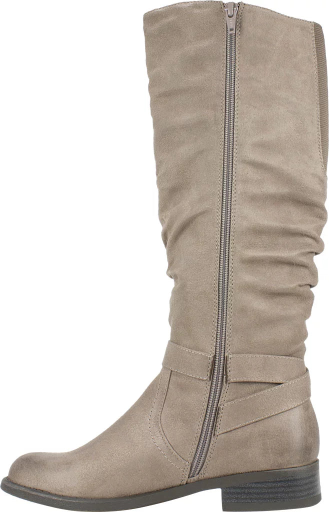 Womens Beige Studded Stretch Gore Cushioned Wide Calf Ruched Buckle Accent Liona Round Toe Block Heel Zip-Up Riding Boot 5