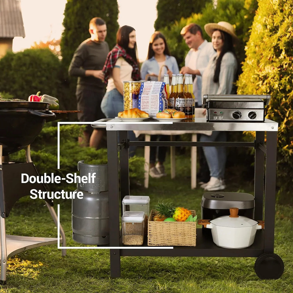 Double-Shelf Movable Dining Cart, Stainless Steel Worktable on 2 Wheels, Kitchen Food Prep Work Table, Outdoor Dining Room Bar Cart, Pizza Oven Table w/Hooks, Handle, .5 x .7 x .8