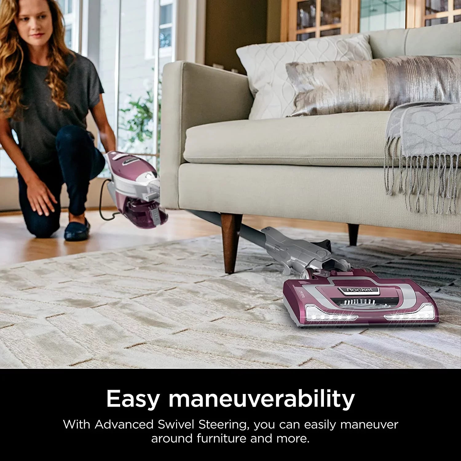 Rocket Pet Plus Corded Stick Vacuum with  Headlights,  Dust Cup, Lightweight, Perfect for Pet Hair Pickup, Converts to a Hand Vacuum, with (2) Pet Attachments, Bordeaux/Silver