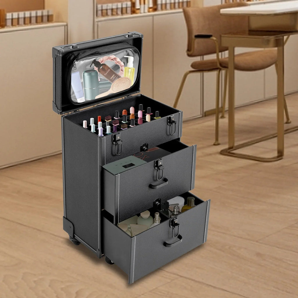 Miumaeov Rolling Makeup Train Case Professional Cosmetic Trolley Storage Luggage Box Nail Polish Organizer