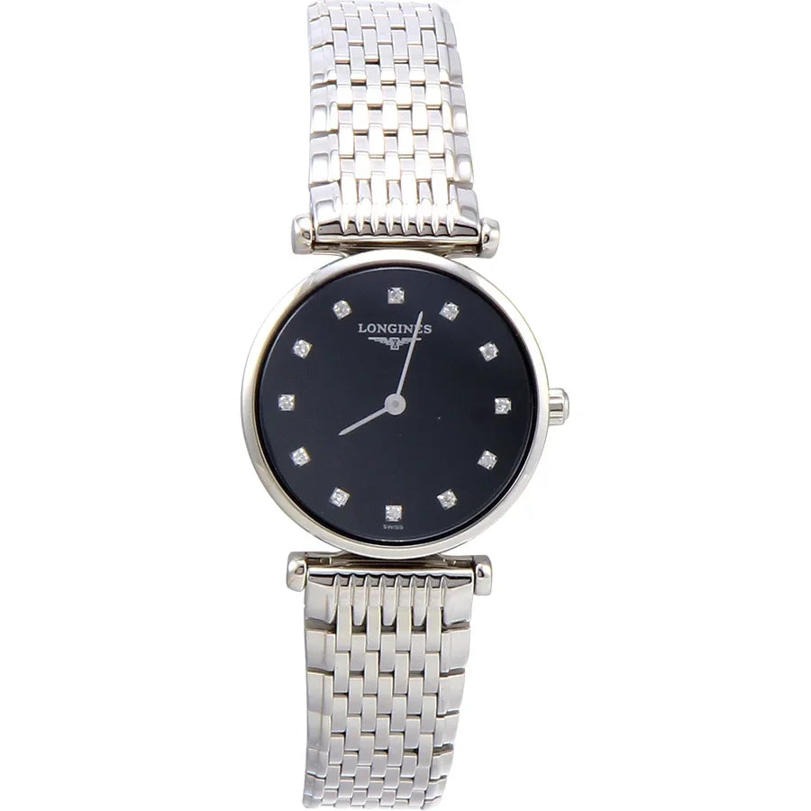 Longines Women's 24mm Steel Bracelet & Case . Sapphire Quartz Black Dial Analog Watch