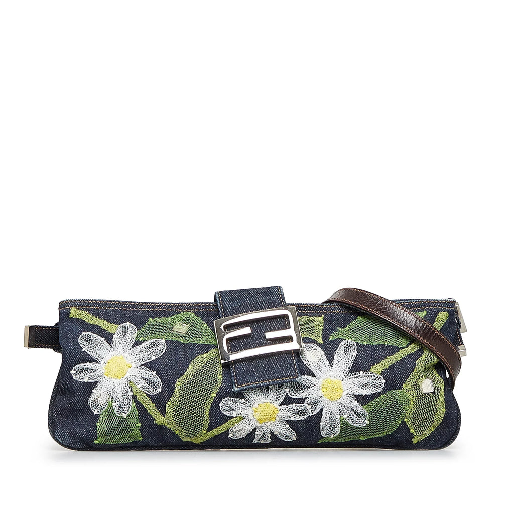Pre-Owned Authenticated Fendi Embroidered Baguette Denim Fabric Blue Crossbody Bag Unisex (Fair)