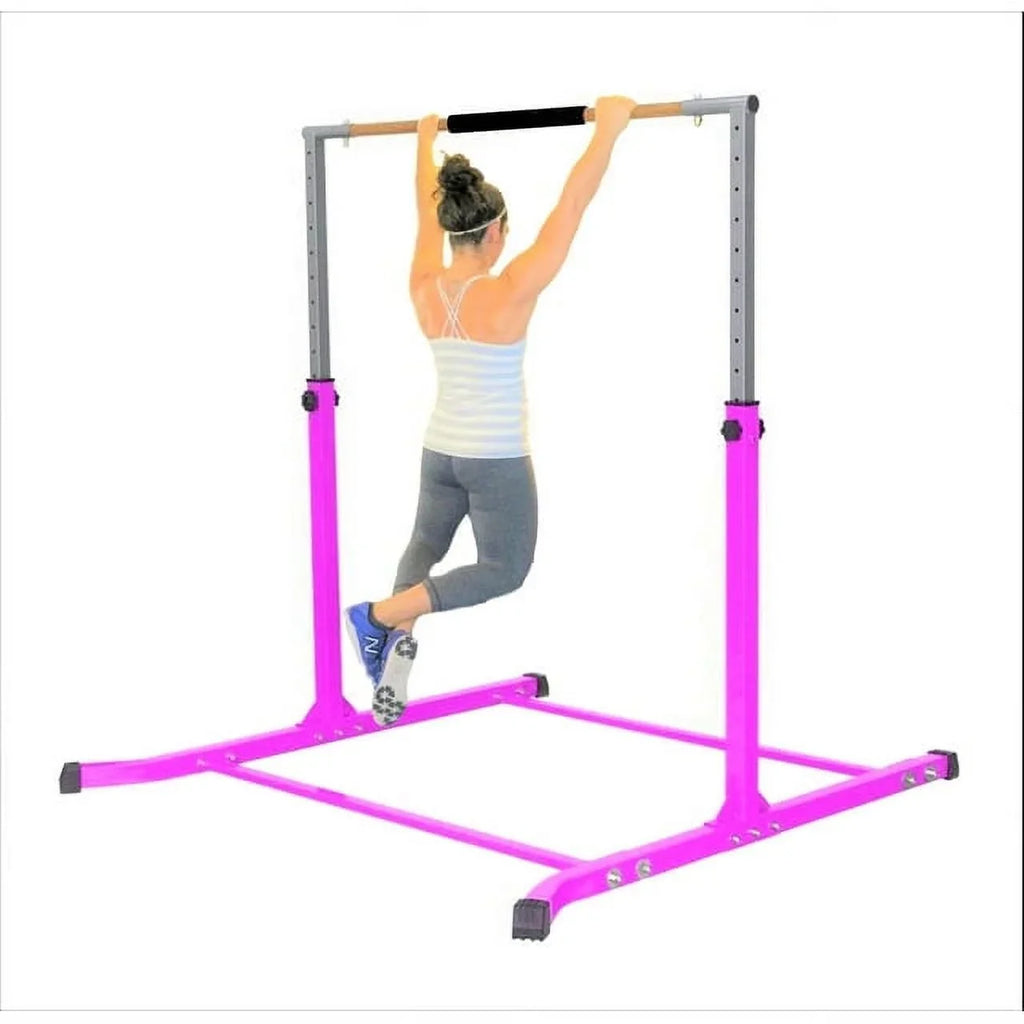 Pro-Gymnastics Adjustable Kip Bar for Kids | Heavy Duty Junior Gym Training | Curved Legs, Cushioned Hand Bar | Height Expandable Up to 5FT | Fitness Horizontal Bar | Pink