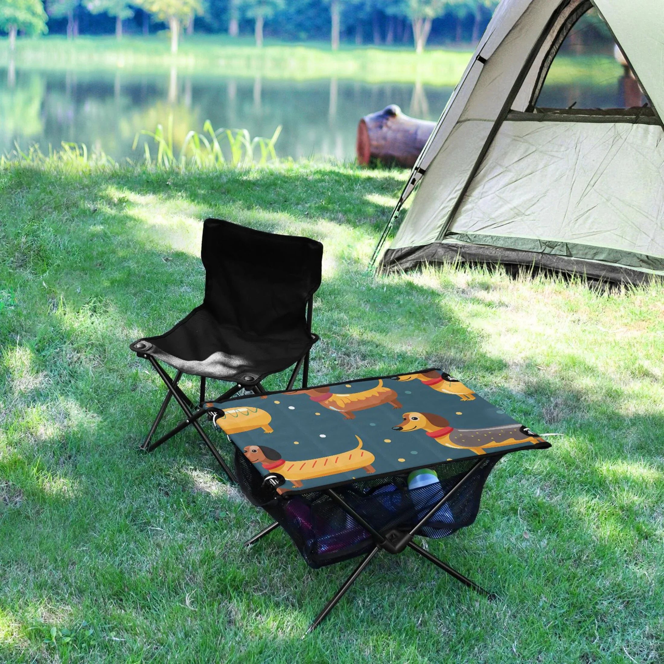 Cartoon Dachshund Dogs Camping Folding Table Portable Beach Table with Storage Bag Compact Picnic Table for Outdoor Travel Fishing
