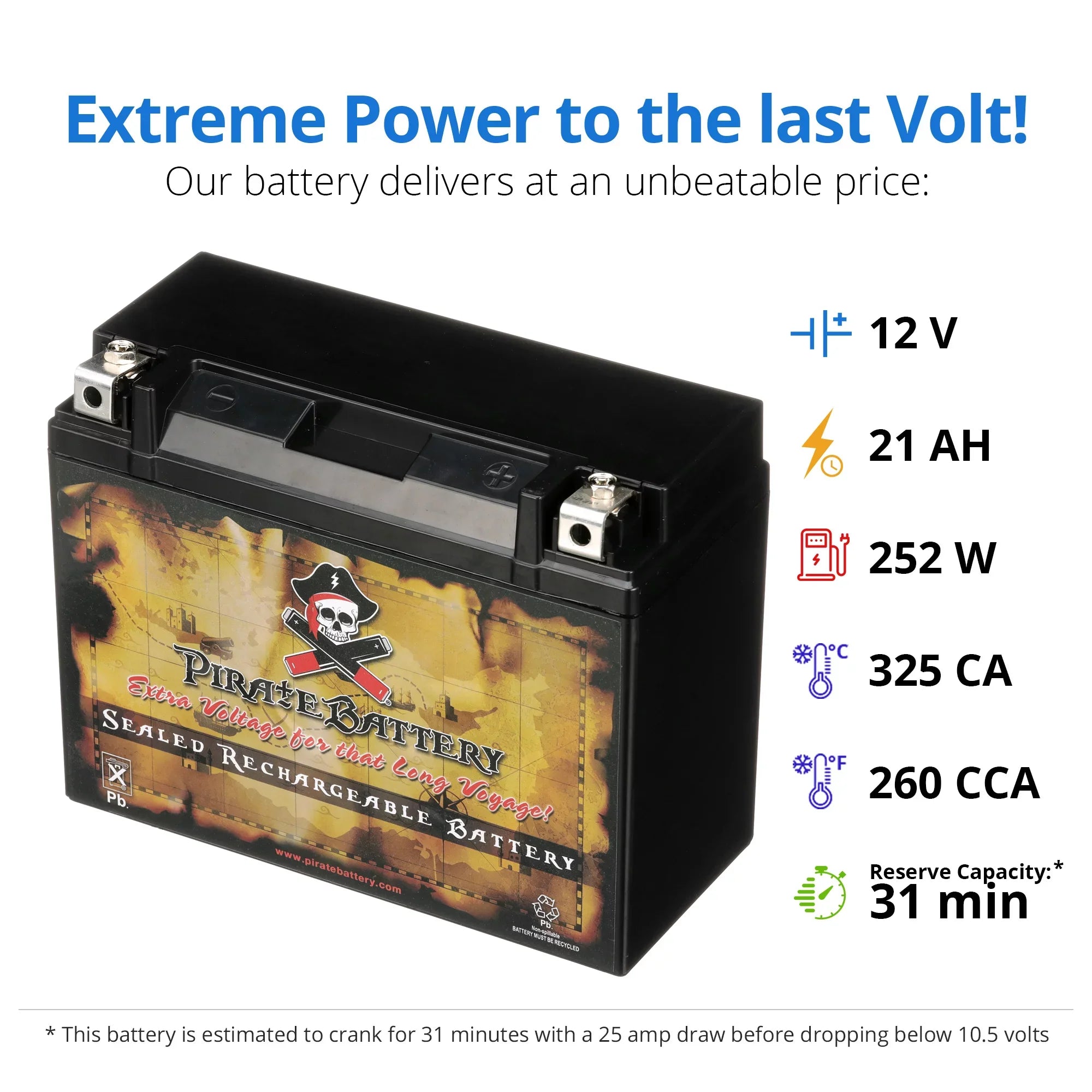 Pirate Battery -- (50-- 12 Volt,20 Ah, 260 ) Motorcycle Battery for Yamaha 1300cc Xvz13 Venture/royale 1987