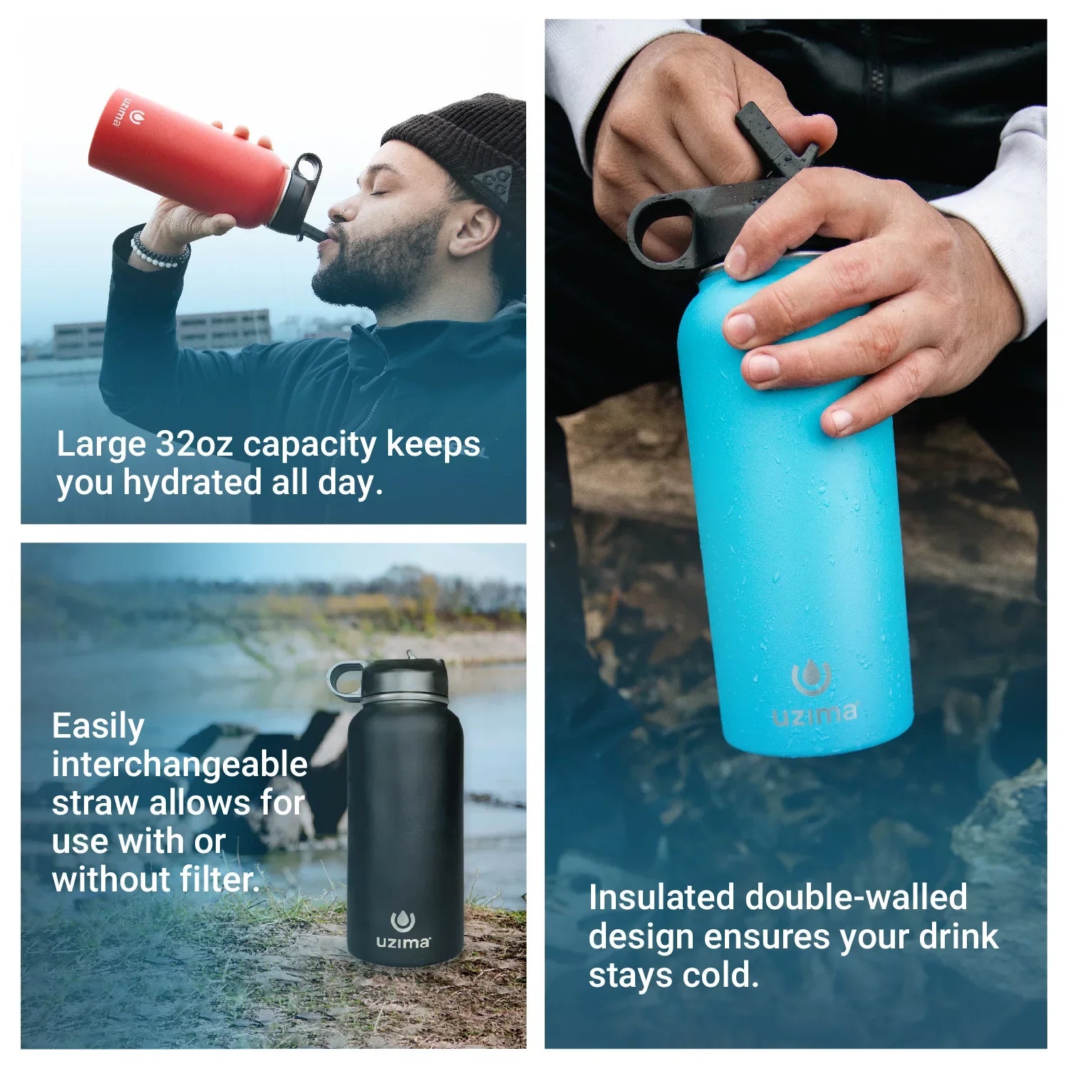 Uzima - -Source Filtered Water Bottle for Hiking, Backpacking, Camping, and Travel. Water Purification on the Go. Large 32oz Capacity with Double-Walled Stainless Steel Exterior. (Camo)