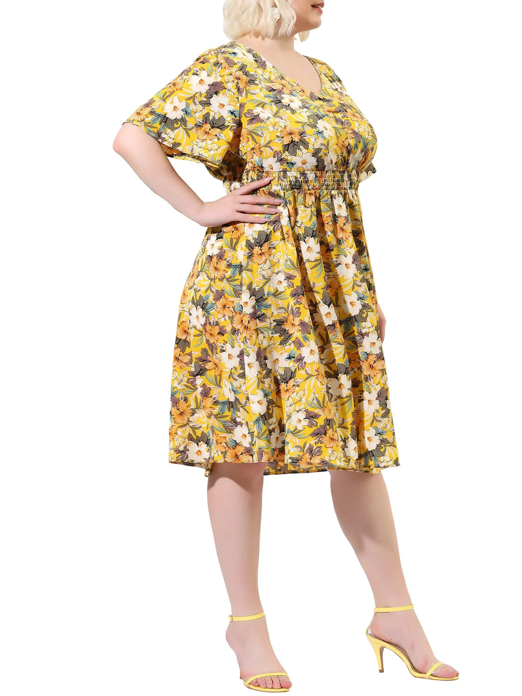 Juniors' Plus  Neck Floral Print Flare Sleeve Casual Midi Dress Yellow 3X