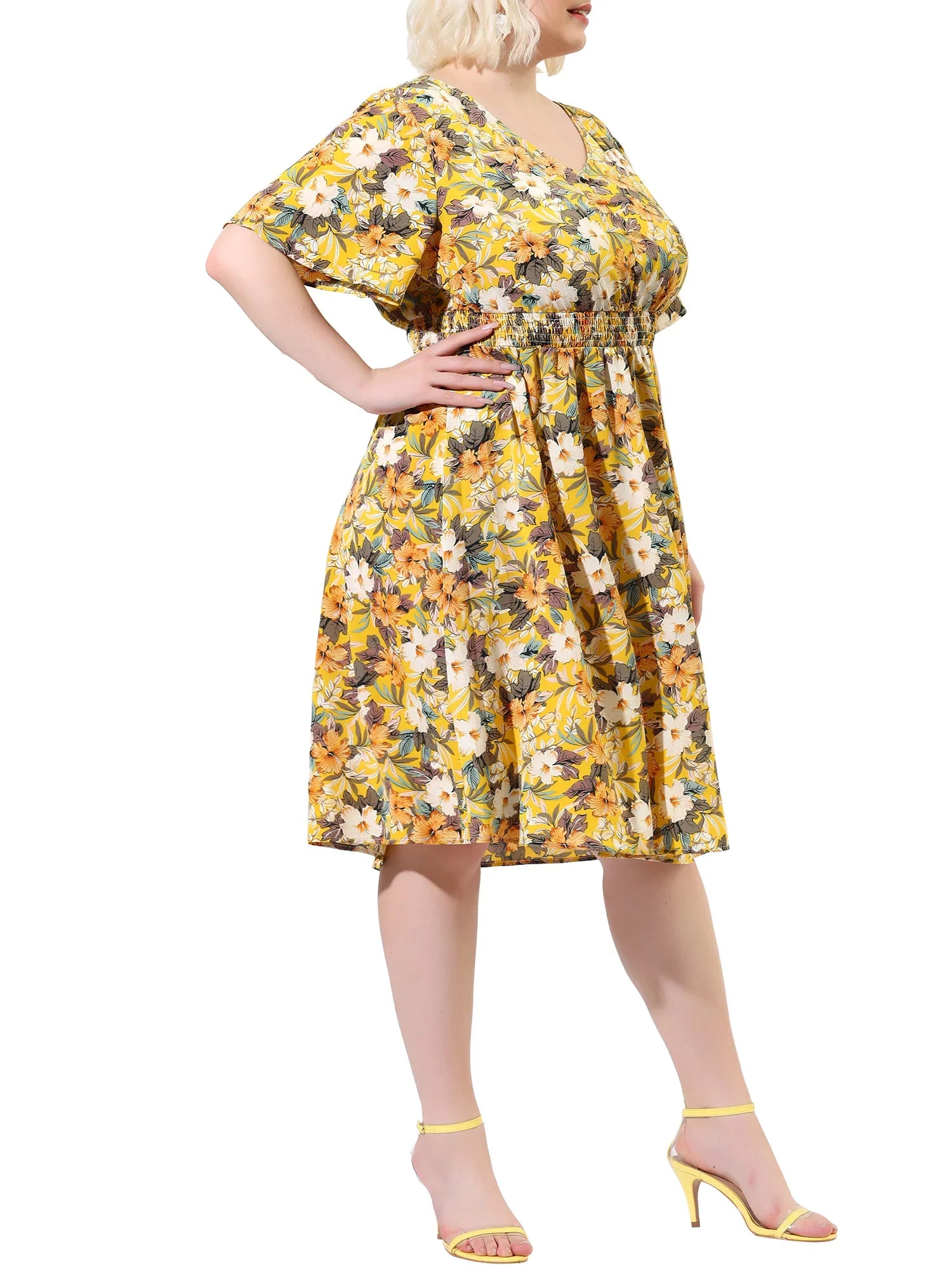 Juniors' Plus  Neck Floral Print Flare Sleeve Casual Midi Dress Yellow 3X