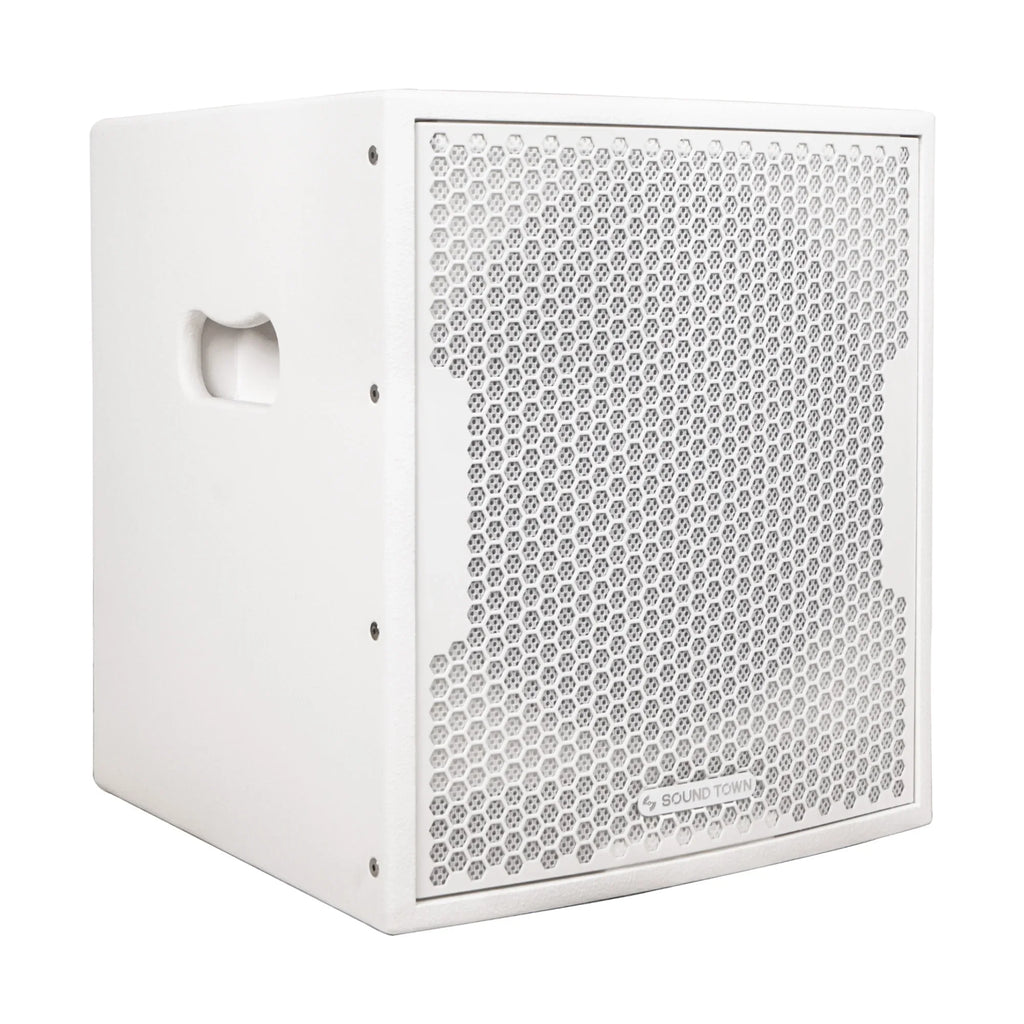Sound Town 1400 Watts 12” Powered   Subwoofer with 2 Speaker Outputs, Folded Horn Design, White for Live Sound, Stage, Church, Lounge, Bar (-12DSWPW)