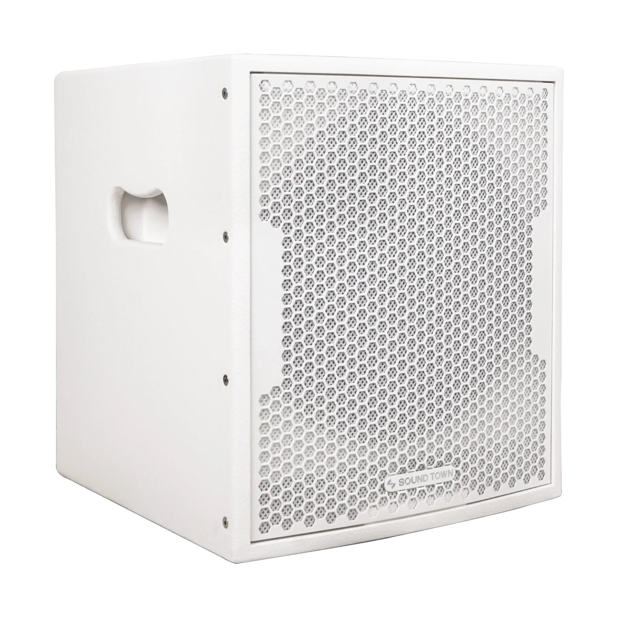Sound Town 1400 Watts 12” Powered   Subwoofer with 2 Speaker Outputs, Folded Horn Design, White for Live Sound, Stage, Church, Lounge, Bar (-12DSWPW)