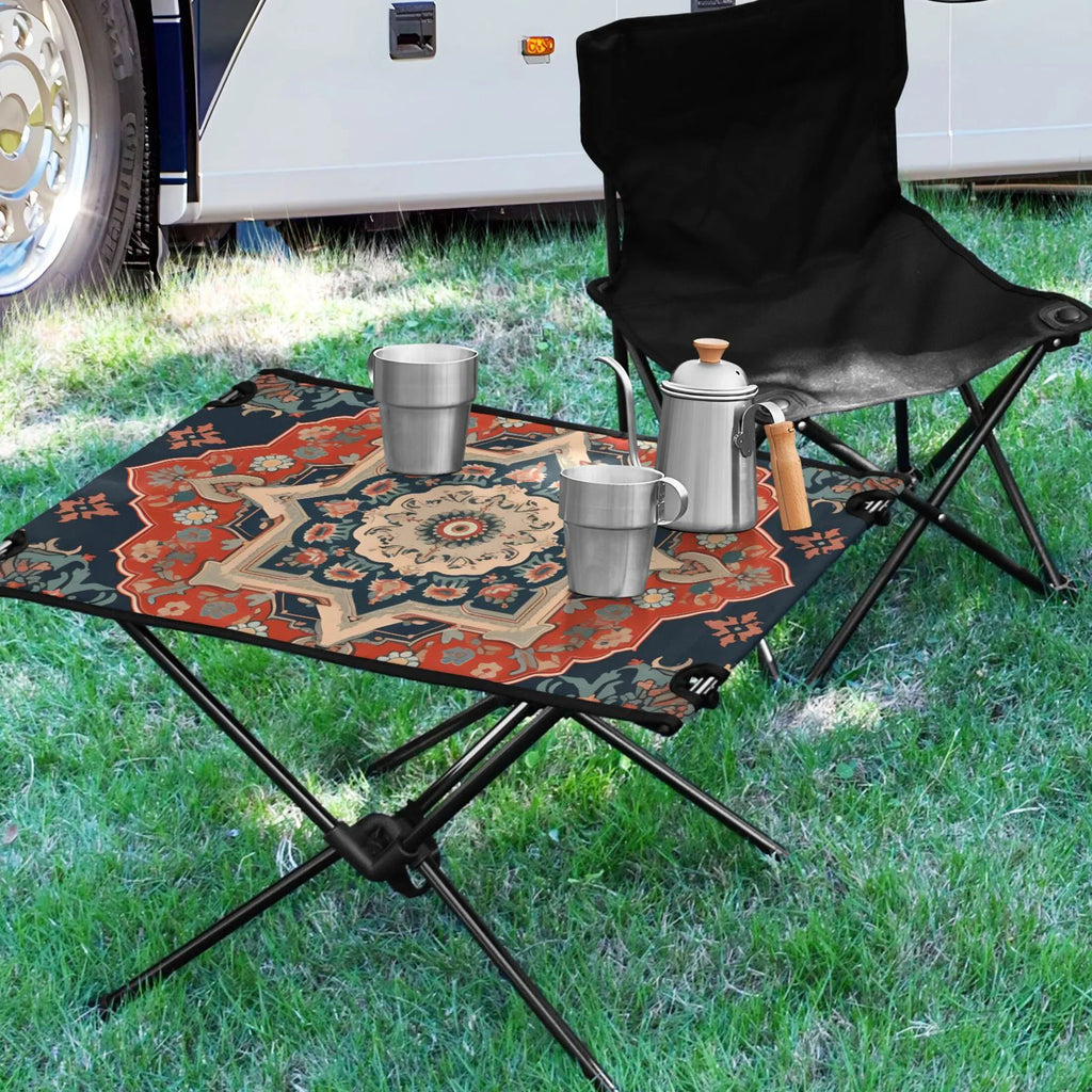 Indian Mandala Pattern Camping Folding Table Portable Beach Table with Storage Bag Compact Picnic Table for Outdoor Travel Fishing