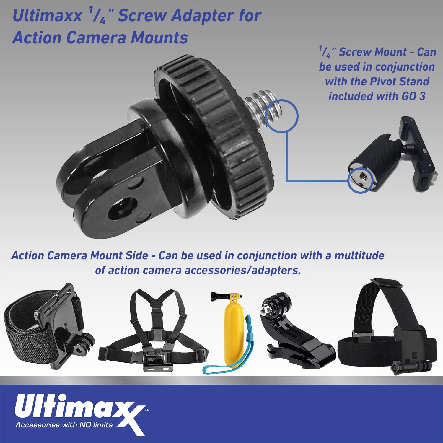 Ultimaxx Advanced Insta360  3 Action Camera Bundle (64GB) - Includes: 1/4” Screw Adapter for Action Cam Mounts, Mini Metal Dolly & More (25pc Bundle)