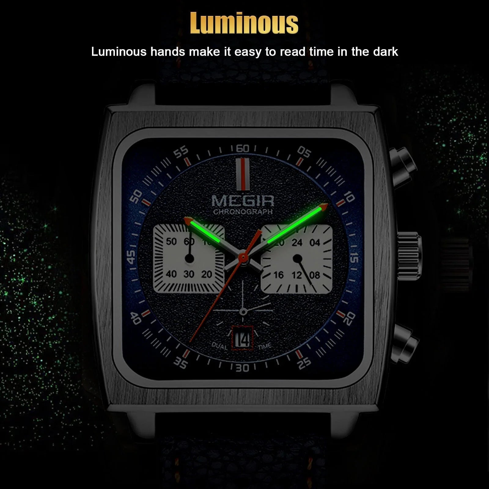 Fashion  Square Men Watch Luminous Quartz Waterproof Calendar Leather Wrist