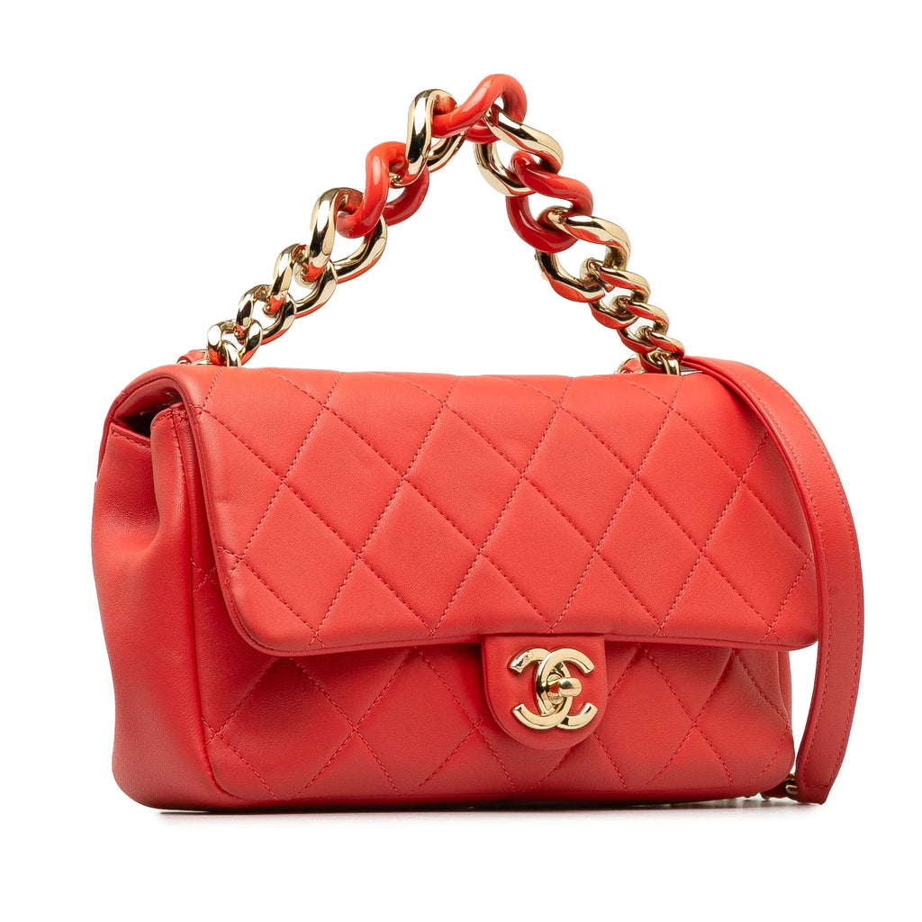 Pre-Owned Authenticated Chanel Small Lambskin Elegant Chain Single Flap Leather Red Satchel Unisex (Good)