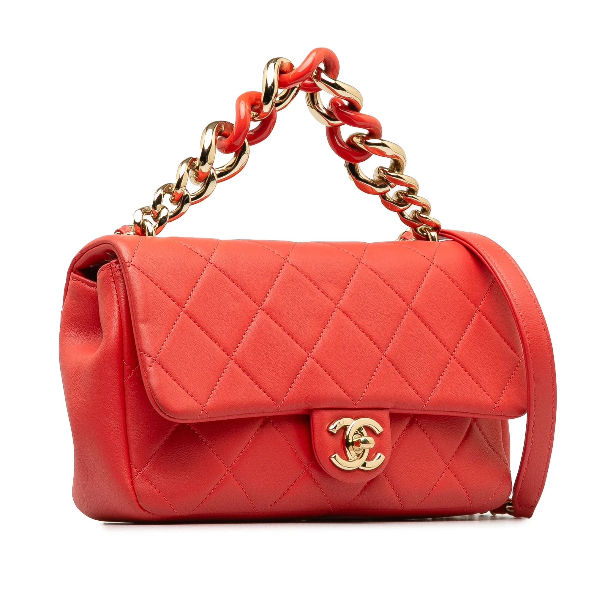 Pre-Owned Authenticated Chanel Small Lambskin Elegant Chain Single Flap Leather Red Satchel Unisex (Good)