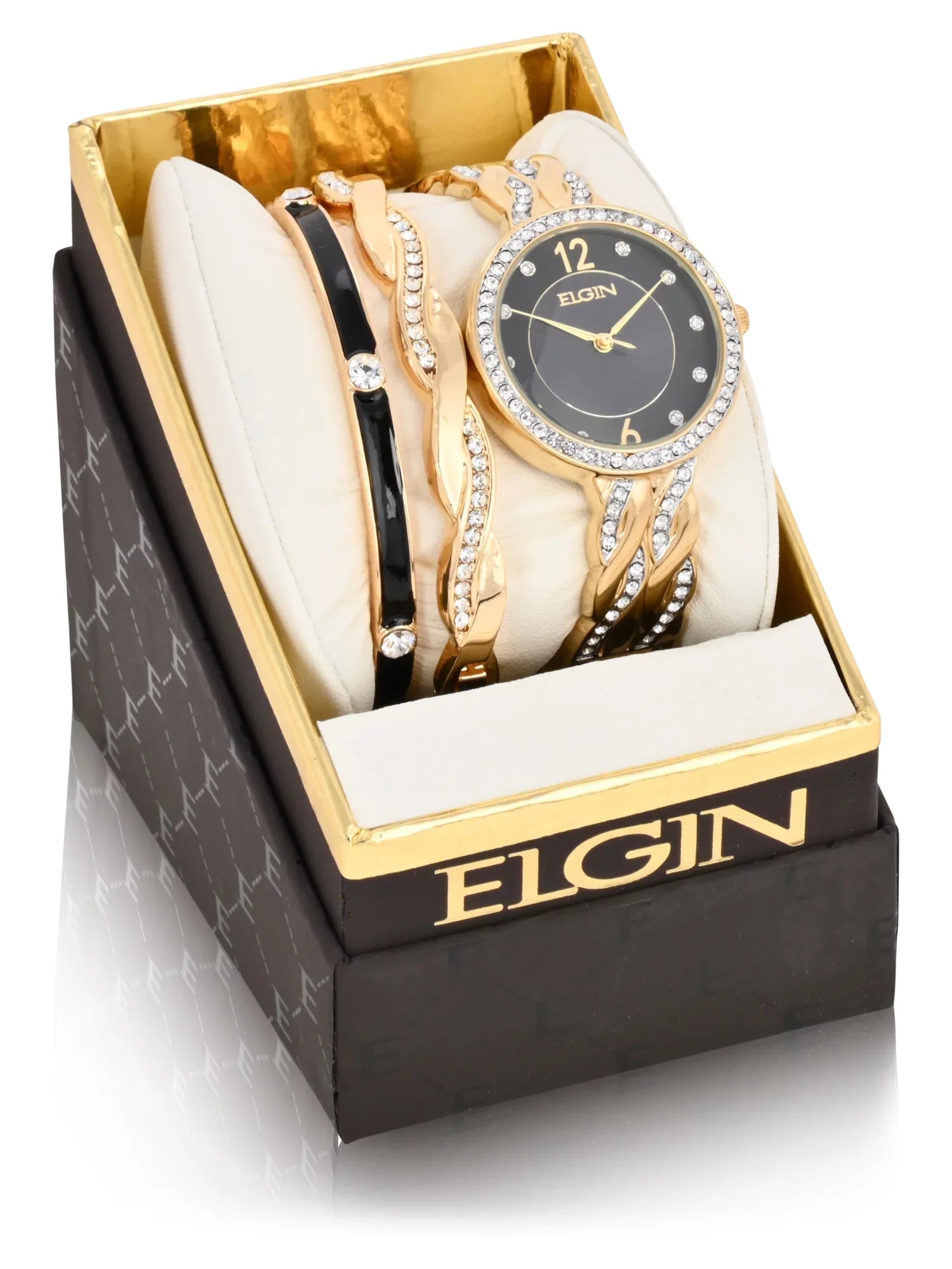 Elgin Adult Female Analog Watch Set with Round Black Dial in Gold ()