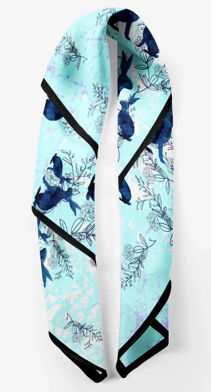 Phagun Blue Watercolor Bunny Watercolor Printed Square Pure SilkScarfFor Hair Neck Head Bandanas For Women