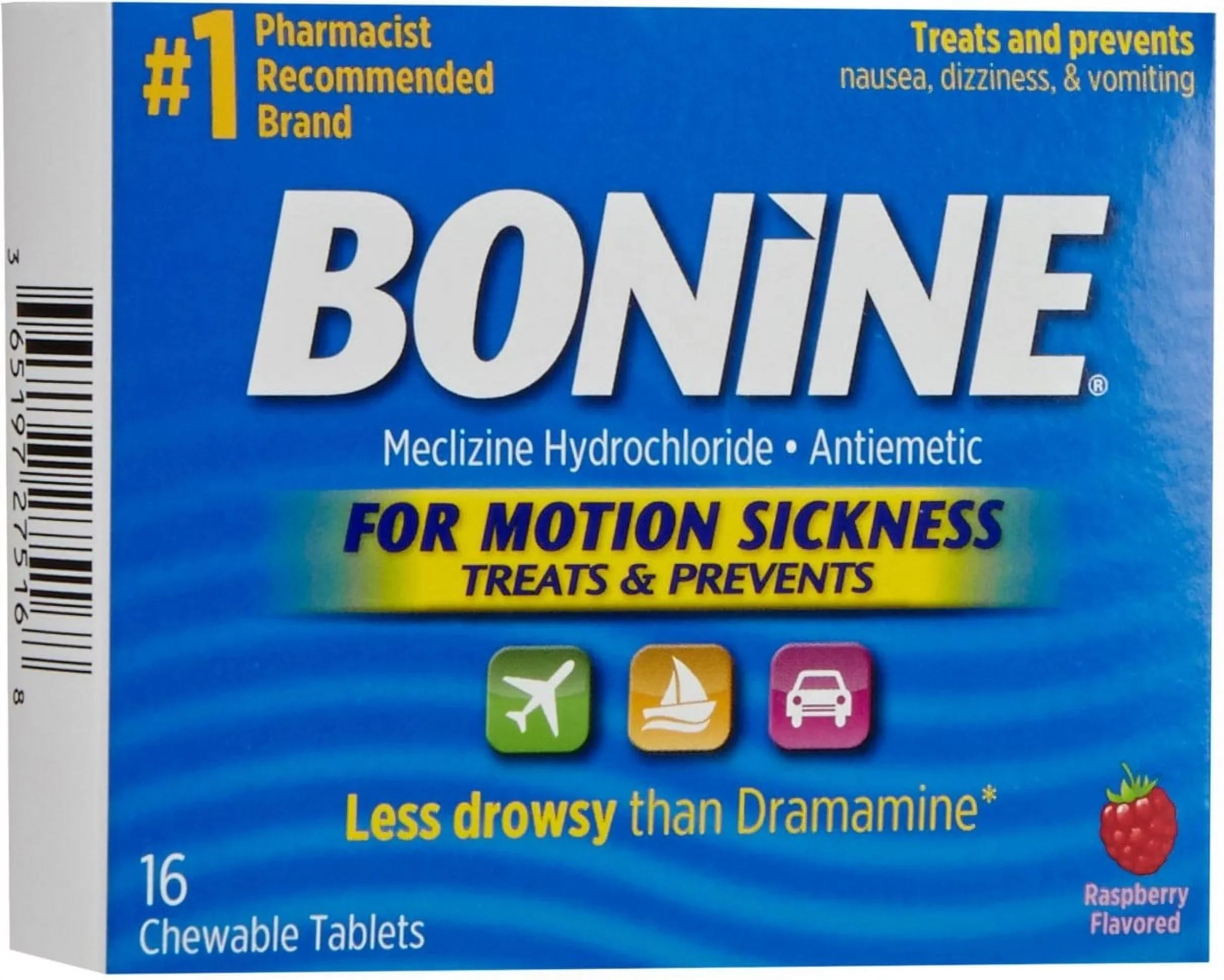 Bonine Chewable Tablets for Motion Sickness, Raspberry 16 ea (Pack of 3)