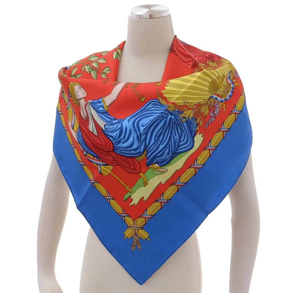 Pre-Owned Hermes Carre 90 Scarf Silk Blue Red Pattern Commemorating the French Revolution (Like New)