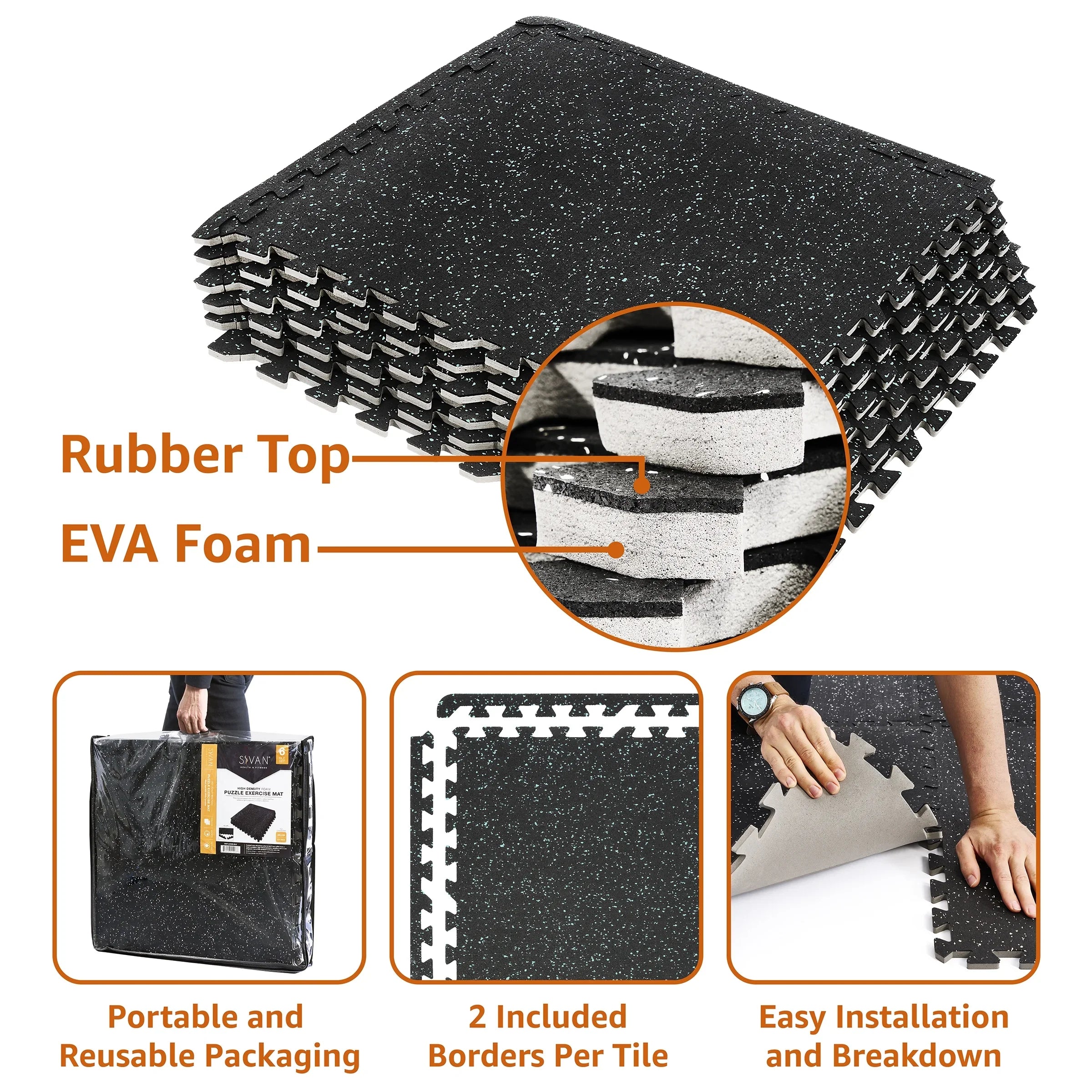 Sivan Fitness 1/2" Thick Rubber Top High Density  Foam Gym Flooring for Home Gym - 12 Interlocking Gym Floor Mat