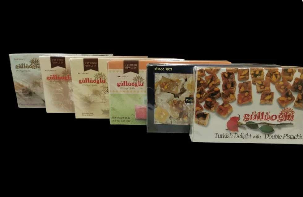 Gulluoglu Turkish Delight Assorted Flavors, 6 Pack (8.8 oz - 250 gr Each), daily fresh shipment from Istanbul/Turkey