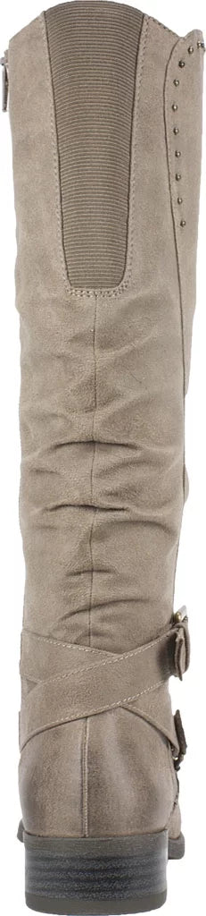 Womens Beige Studded Stretch Gore Cushioned Wide Calf Ruched Buckle Accent Liona Round Toe Block Heel Zip-Up Riding Boot 5