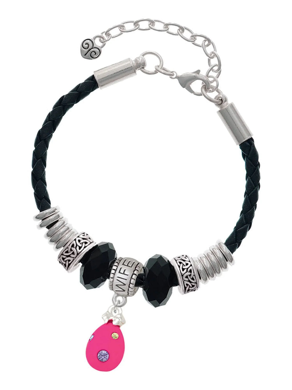 Delight Jewelry Hot Pink Easter Egg with Color Crystal Dots Wife Celtic Knot Leather Bead Bracelet, 7"+2" Extender