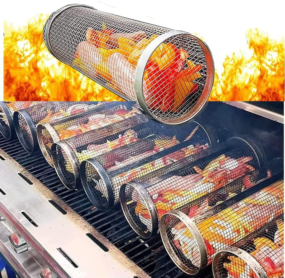 2PC Rolling Grilling Basket，Round Barbecue  Grilling Basket ，Portable Outdoor Camping  Rack for Fish, Shrimp, Vegetables, Barbeque Griller Cooking Accessories