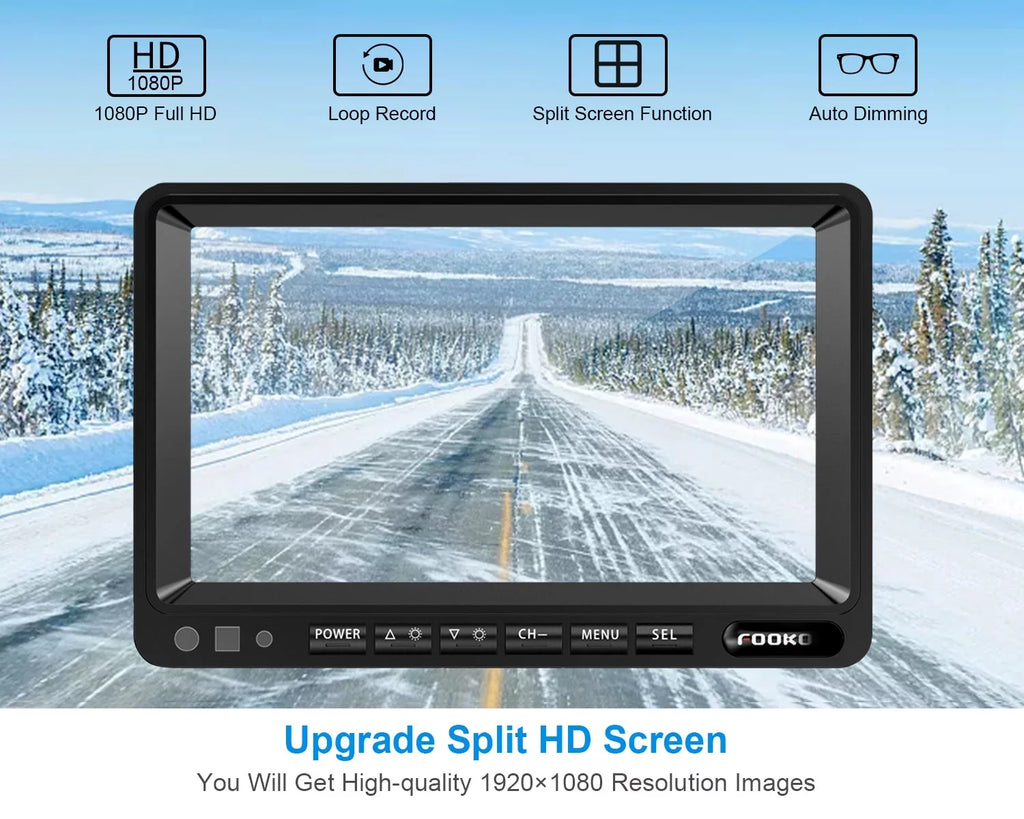 Fookoo Ⅱ 7" 1080P Wired  Backup Camera Systems, 7-inch  Dual Split Screen Monitor / Recording  Waterproof Front/Rear View Cameras Parking Lines for Truck/Trailer/ ()