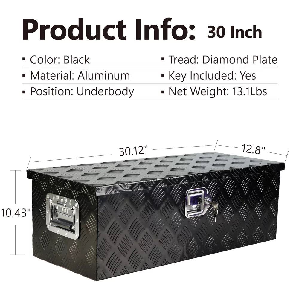 30" Heavy Duty Black Aluminum 5 Bar Tread Tool Box Truck Pickup Trailer Toolbox Underbody Storage+Lock+Keys