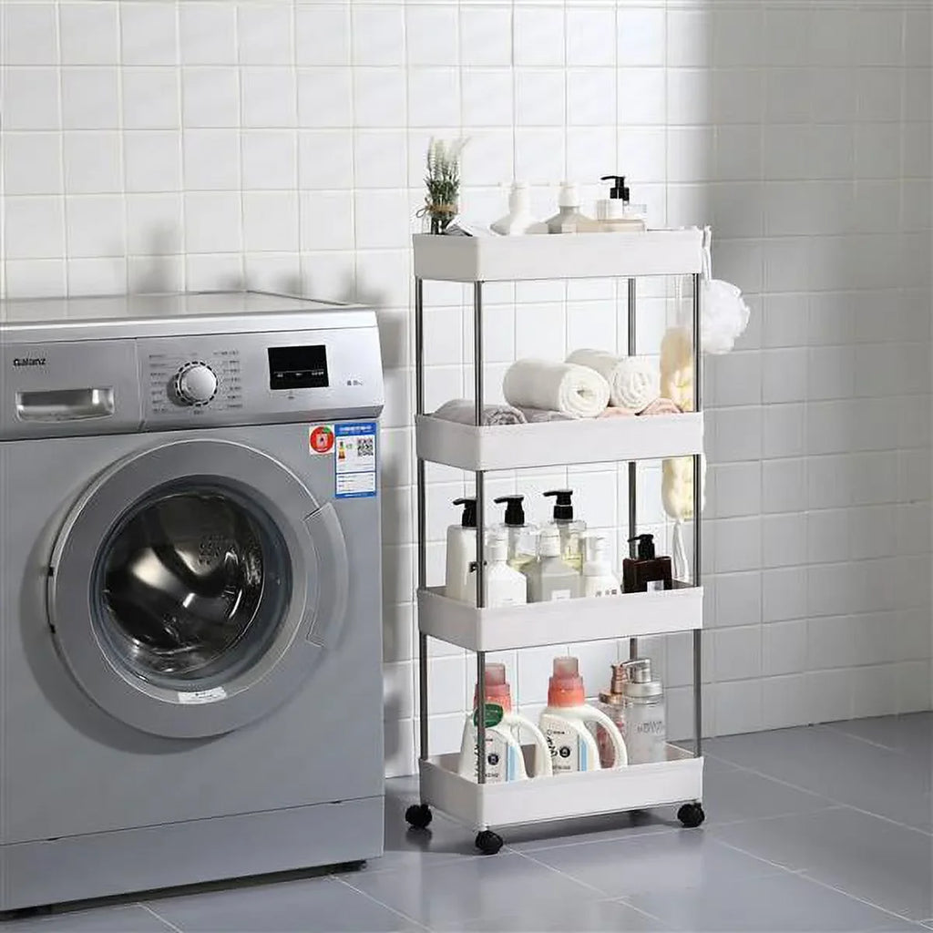 4-Tier Rolling Storage Cart with 4 hooks, Utility Cart with Wheels, for Kitchen, Bathroom, Laundry Room, Plastic and Stainless Steel, White
