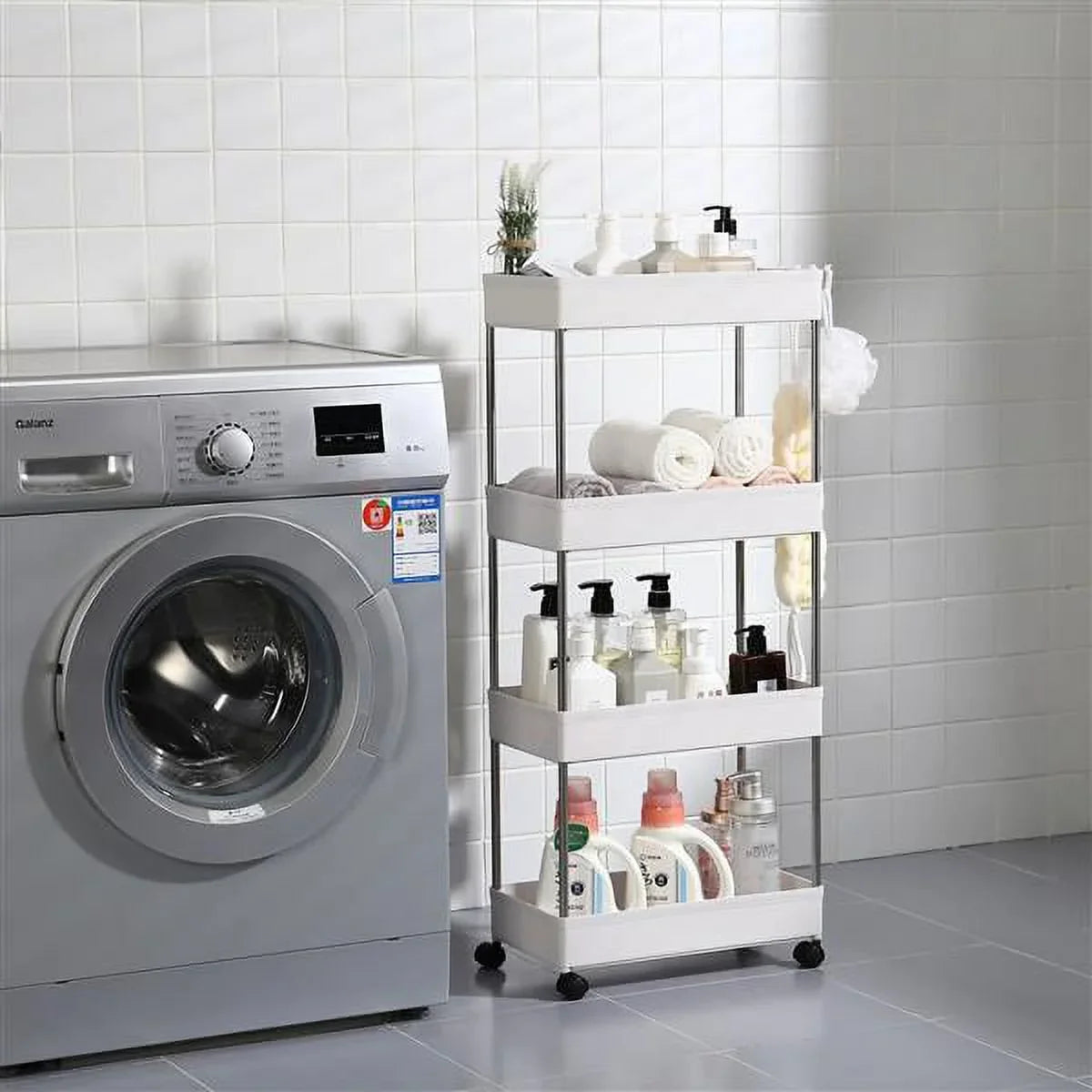 4-Tier Rolling Storage Cart with 4 hooks, Utility Cart with Wheels, for Kitchen, Bathroom, Laundry Room, Plastic and Stainless Steel, White