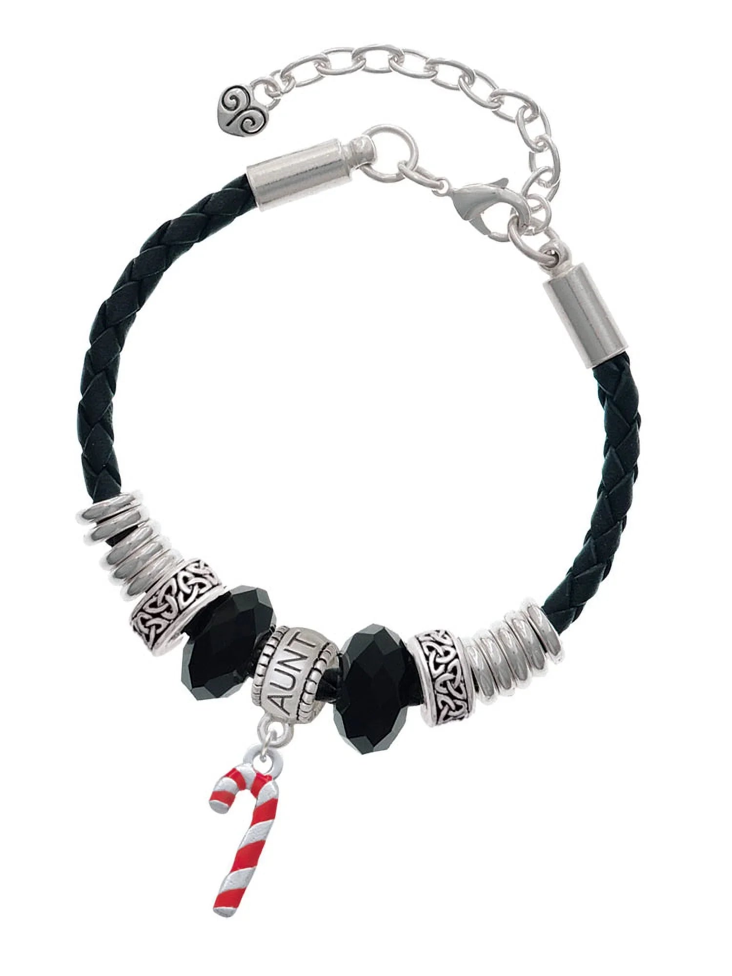 Delight Jewelry Silvertone 3- Red Enamel Candy Cane Aunt Celtic Knot Leather Bead Bracelet, 7"+2" Extender