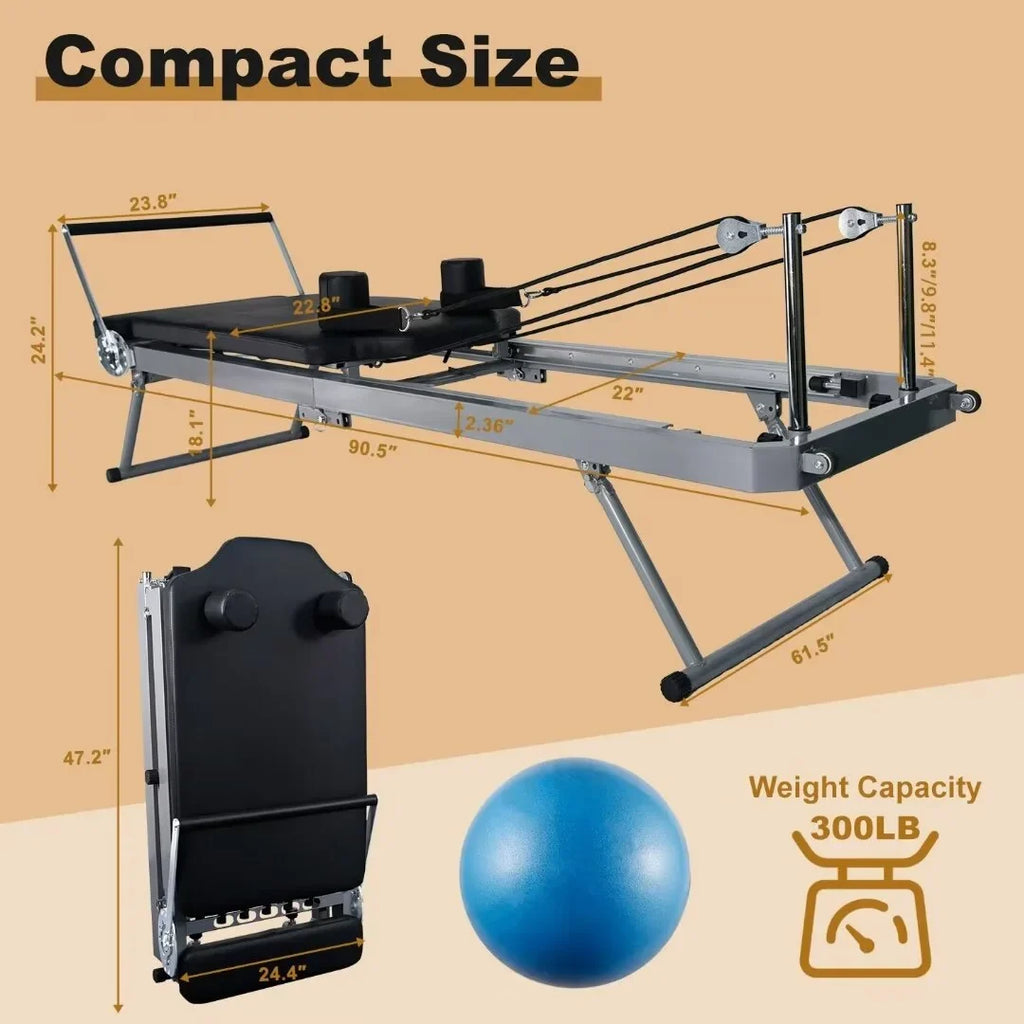 Docred Quiet Foldable Pilates Reformer, Pilates Reformer Workout Machine with Spring for Home Gym，Beginners，Up to 300 lbs Weight Capacity