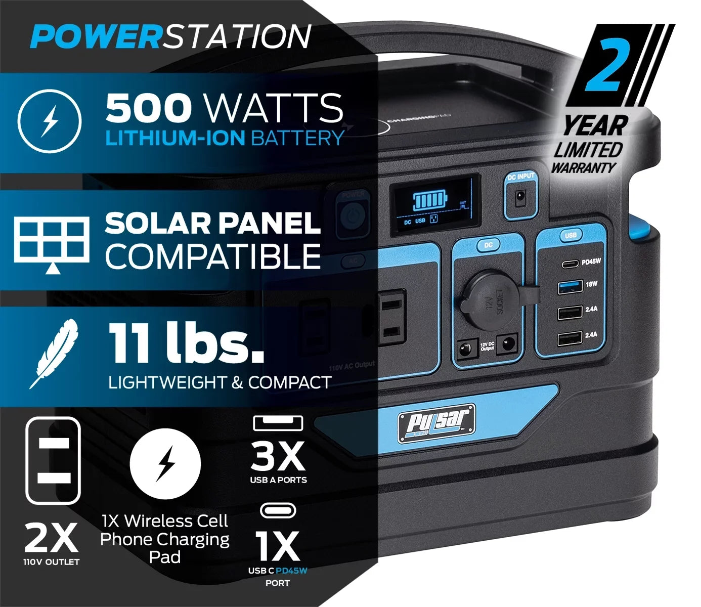 Pulsar 500 Watt Lithium-Ion Portable Power Station with  Display and Wireless Charging Pad (518Wh Capacity)