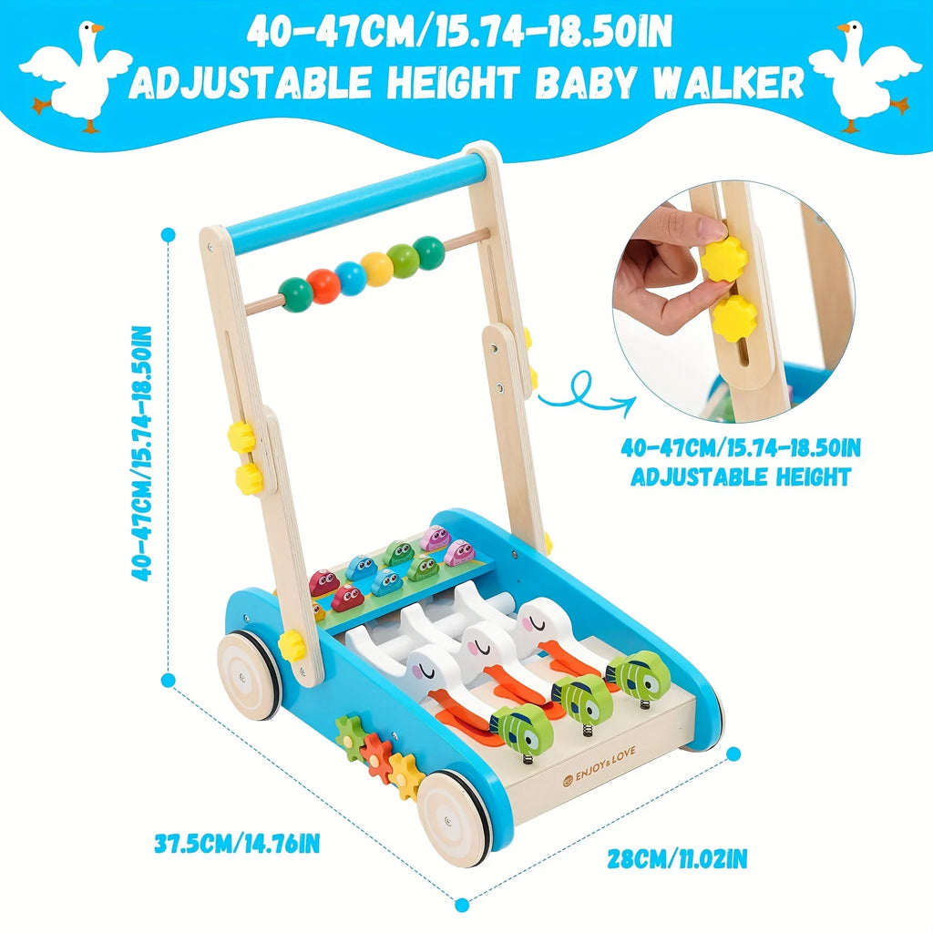 Baby Walker Wooden Foldable Sit-to-Stand Learning Baby Push Walker Kids Activity Center Toddler Push Along Trolley with Fishing Toy Gear for Boys Girls Infants