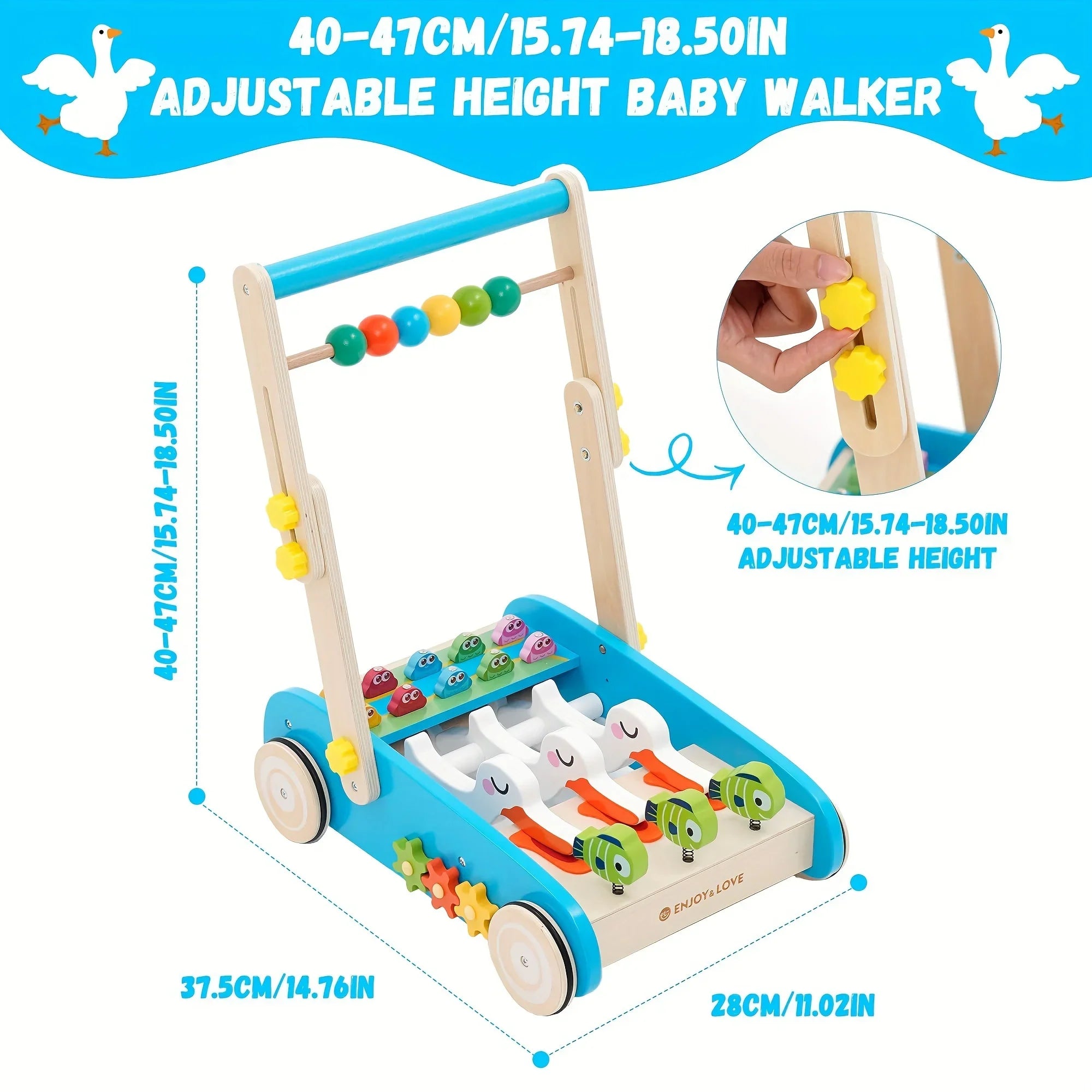 Baby Walker Wooden Foldable Sit-to-Stand Learning Baby Push Walker Kids Activity Center Toddler Push Along Trolley with Fishing Toy Gear for Boys Girls Infants