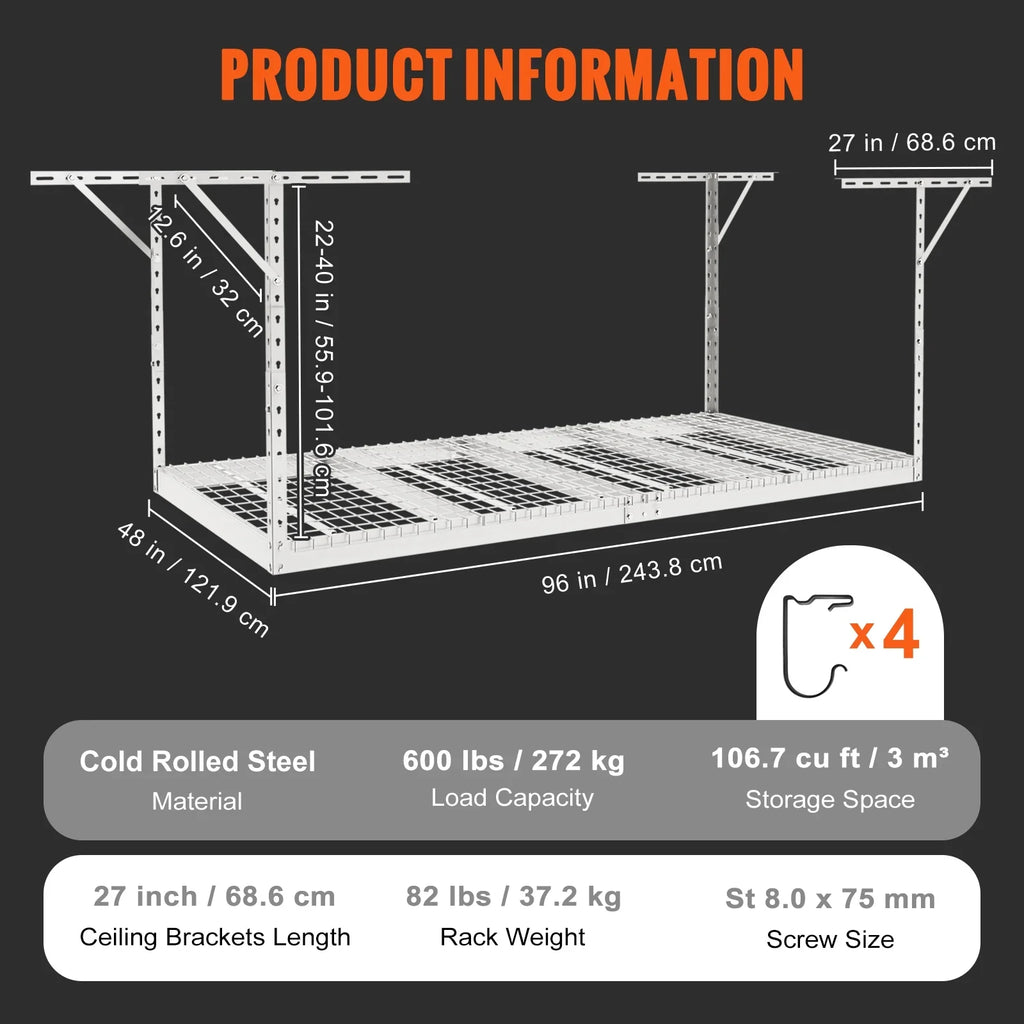 Overhead Adjustable Garage Storage Rack 48x96" Ceiling Rack 600 lbs White