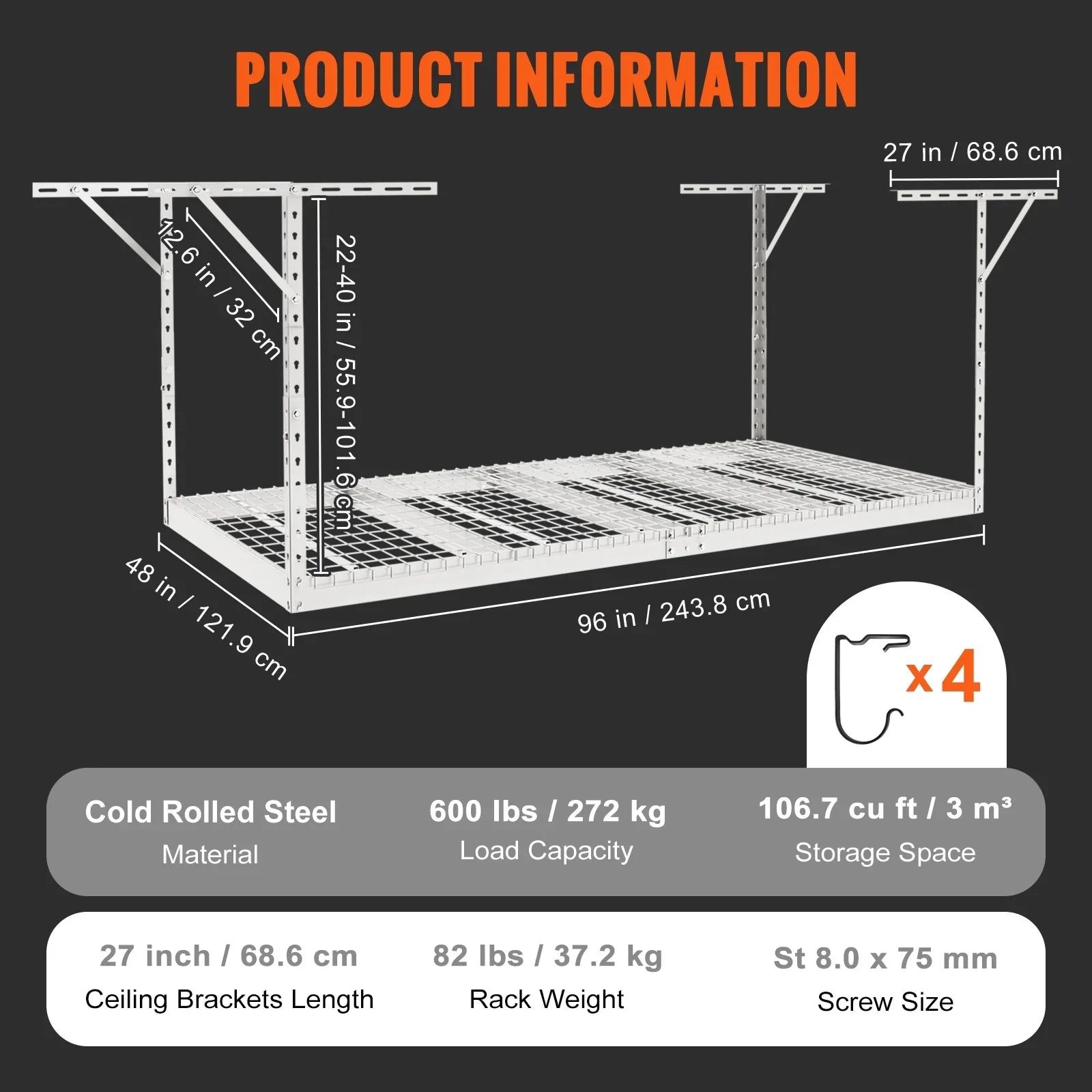 Overhead Adjustable Garage Storage Rack 48x96" Ceiling Rack 600 lbs White