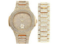 Bling-ed Out Oblong Case Metal Mens Watch w/Matching Bling-ed Out Bracelet Set - 8475B (Gold/Gold)