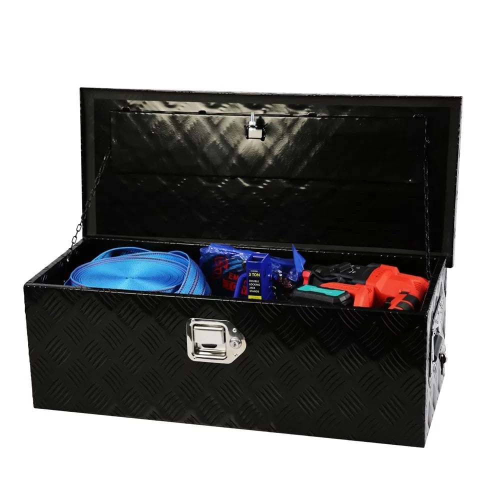 30" Heavy Duty Black Aluminum 5 Bar Tread Tool Box Truck Pickup Trailer Toolbox Underbody Storage+Lock+Keys