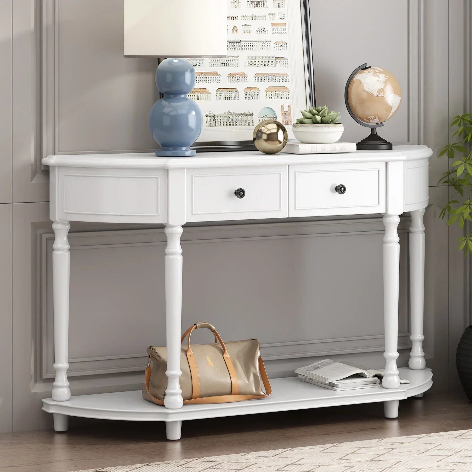 Retro Circular Curved Design Console Table with Open Style Shelf Solid Wooden Frame and Legs Two Top Drawers (White     )